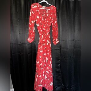 Elegant Red Floral Long Sleeve Dress